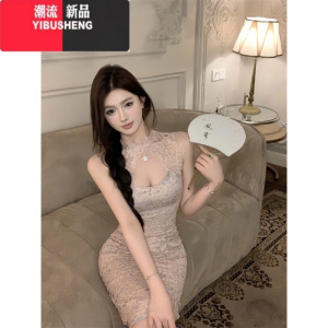 YIBUSHENG纯欲性感蕾丝镂空连衣裙女装季收腰紧身包臀裙无袖开叉中长裙子