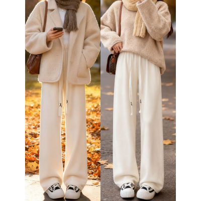 窄版阔腿裤女新款外穿秋冬季白色加绒加厚直筒宽松灯芯绒裤子_98