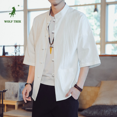 七匹狼国际公司授权WOLFTREK-2021春夏季新款男士中国风宽松休闲棉麻七分袖衬衫男装潮牌衬衣男立领
