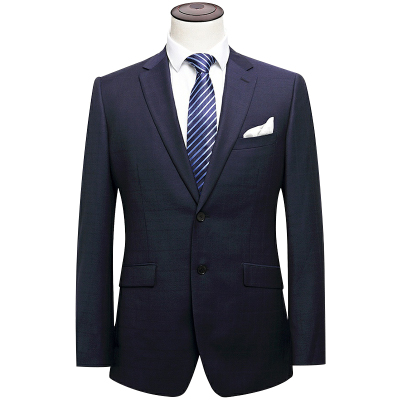 BAROMON/培罗蒙中年男士商务正装深蓝色格子休闲西装羊毛西服套装男装西服+西裤ETZA8327