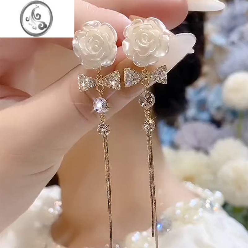 JiMi超仙法式复古山茶花流苏耳环轻奢银银针耳饰气质长款白色花朵耳钉