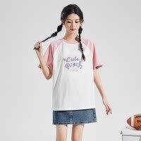 [2.5折价48元]唐狮夏季女前胸文字水果图案插肩袖圆领短袖T恤减龄学院风潮