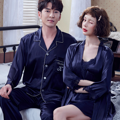 Ideamini春秋韩版丝绸情侣睡衣女睡袍两件套冬季长袖冰丝薄款男士家居服