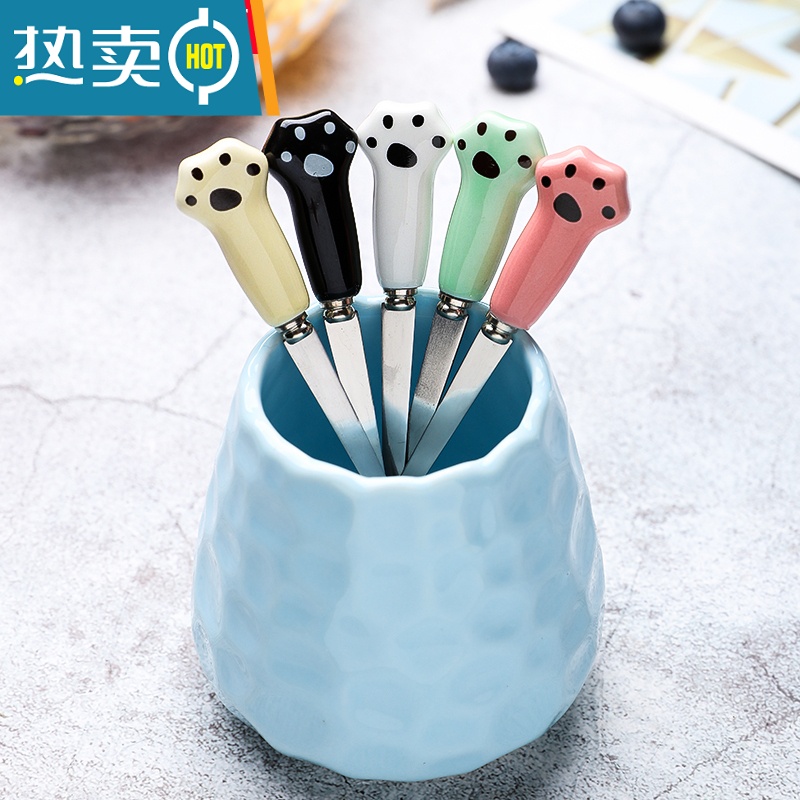 敬平水果叉子不锈钢儿童卡通创意可爱签果插家用吃点心水果小叉子套装 5只叉+(蓝)陶瓷罐牙签