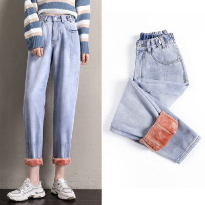 YUDI语弟高腰牛仔裤女2020秋冬装新款显瘦宽松哈伦裤加绒老爹萝卜裤MM