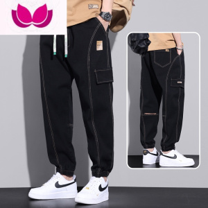 七斓工装牛仔裤男士宽松大码款加肥加大胖子胖人束脚哈伦裤子男款