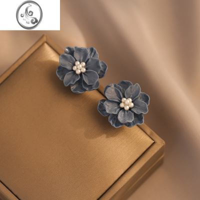 JiMi小清新蓝色花朵耳钉小女耳环百搭小众设计感耳饰蚊香盘无耳洞耳夹