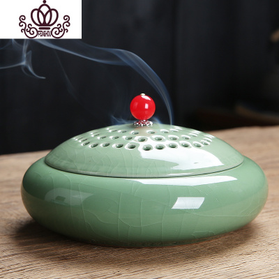 封后家用香炉陶瓷蚊香炉香薰炉大号檀香炉熏香茶道创意仿古蚊香架香插圆足梅子青瓷盖-香薰灯炉/器具