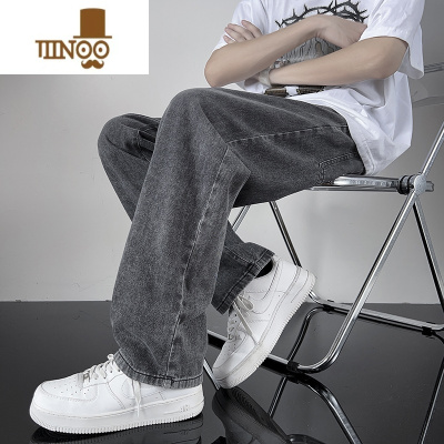 YANXU黑灰色男款夏季牛仔裤港风cec宽松阔腿裤潮牌复古直筒休闲长裤子
