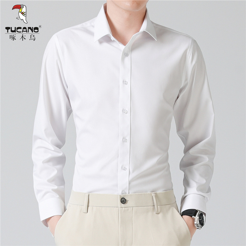 啄木鸟纯色长袖衬衫男春夏季薄款潮流修身大码上班职业装商务正装