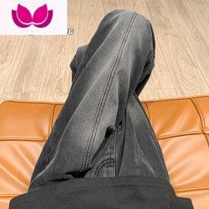 七斓美式复古直筒宽松牛仔裤男潮牌ins高街百搭黑色阔腿拖地长裤