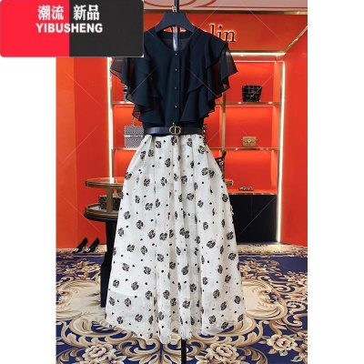 YIBUSHENG2024季新款法式气质高级感高端精致小香风黑色拼接碎花连衣裙女