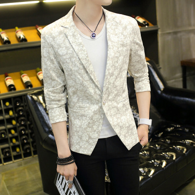 梵克公牛休闲小无领男青年薄款外套2020热卖新款帅气无领男夏季韩版修身帅气男装中袖单西米色M