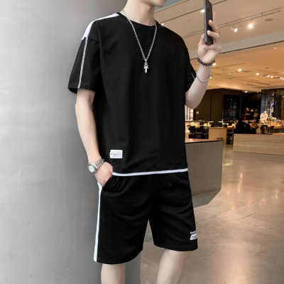 蓝缕金(LANLVJIN)短袖t恤男士运动跑步休闲套装男潮牌宽松夏季百搭两件套2021新款青少年圆领学生时尚潮流半袖衣服