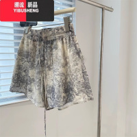 YIBUSHENG复古水墨印花阔腿短裤女季透气新中式松紧腰百搭A字凉凉休闲裤