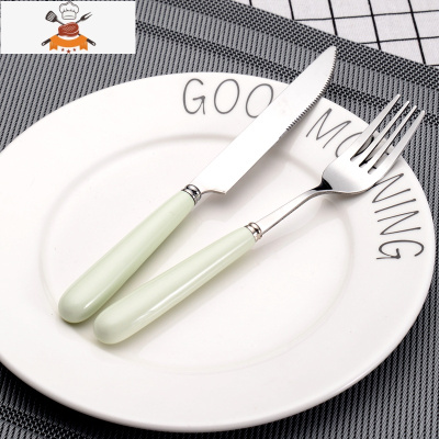 牛排套装不锈钢刀叉勺儿童套装不锈钢刀叉可爱卡通家用西餐具 敬平 纯绿[1刀+1叉]