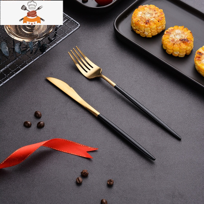 北欧304不锈钢刀叉套装家用创意西餐餐具ins网红牛排刀叉勺三件套 敬平 黑金两件套[刀+叉]