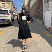 6535棉夏季新款韩版宽松字母印花学生开叉短袖中长款连衣裙女INS