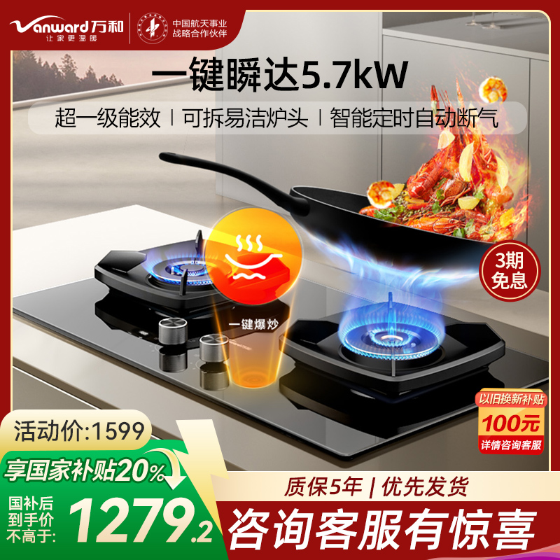 万和(Vanward)[一级能效]燃气灶天然气 5.7KW猛火90秒一键爆炒 智能定时熄火保护可调节盘JZT-S5L55