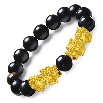 喜隆福黄金貔貅手链男女款足金黑曜石手串3D硬金情侣吉祥手饰品生日礼物12MM金沙黑曜石以证书为准