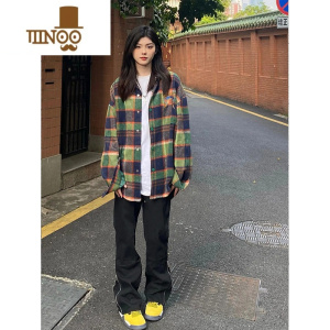 YANXU墨绿色复古格子衬衫男生长袖美式衬衣感刺绣夏季薄款日系外套