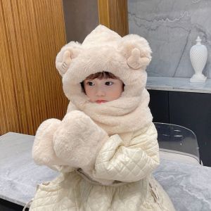 儿童帽子冬季保暖女童毛绒帽围巾一体帽新款挡风口罩手套男宝