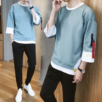 狮臣SHICHEN2020年春季新款卫衣男圆领七分袖套装男青少年修身韩版潮流时尚休闲两件套装运动套装男TZ210湖蓝L