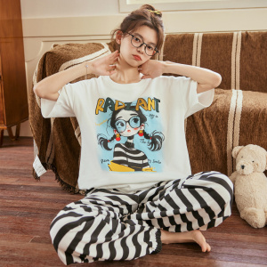 带胸垫睡衣女夏季短袖长裤格子卡通可爱家居服可外穿套装工厂