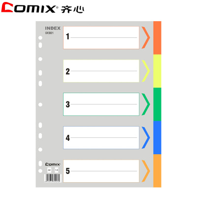 齐心(Comix)IX901五色索引纸分页纸A4/5本装11孔数字索引纸分类纸隔页纸文件分类索引分页纸A4