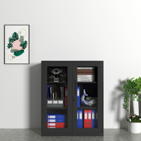 初嘉WJGT-033钢制文件柜窄边资料柜拆装档案柜带锁储物柜纯黑对开门玻璃矮柜