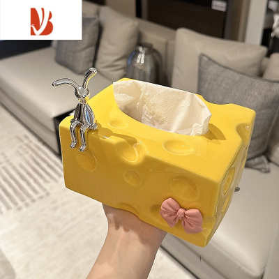 三维工匠高颜值奶油风纸巾盒客厅厨房餐纸盒抽纸盒茶几桌面装饰收纳盒摆件 四方奶酪纸巾盒(黄色)+兔子+蝴蝶结