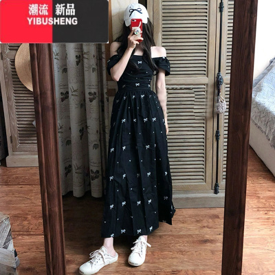 YIBUSHENG2024季新款黑色方领小飞袖连衣裙小个子女法式遮肉显瘦气质长裙