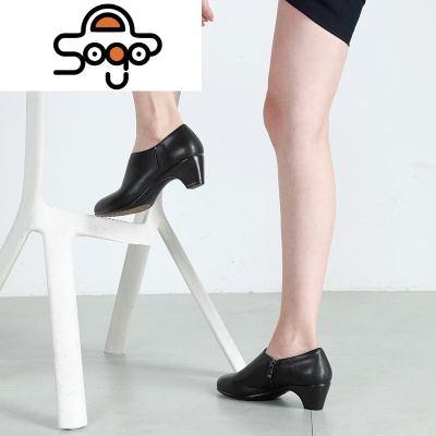 七色王国职业高跟鞋女粗跟圆头包脚面深口工作鞋秋冬工装皮中跟面试单鞋休闲鞋