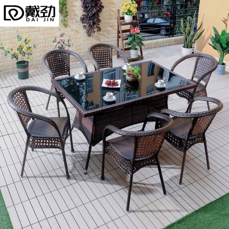 戴劲藤椅阳台桌椅室外庭院藤编椅子花园茶几藤椅组合 6椅+150编藤长方桌