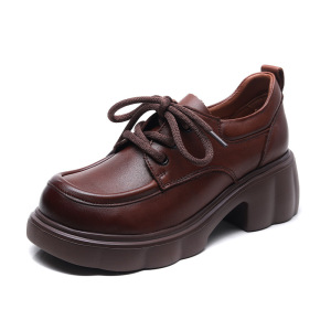 厚底小皮鞋女年春秋新款单鞋小个子粗跟高跟英伦风系带乐福鞋