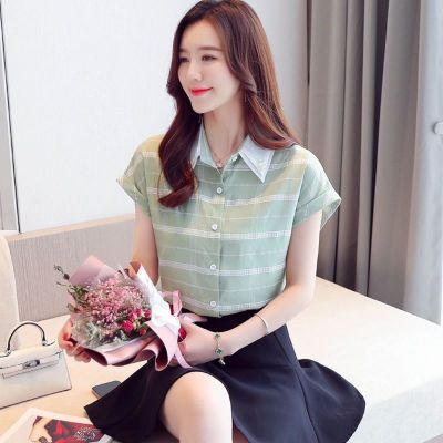 夏季时尚短袖雪纺衫2021年夏装新款女装潮流格子衬衫上衣洋气小衫莎丞