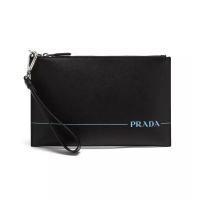 PRADA/普拉达欧美时尚男女同款LOGO印花牛皮男士手拿包休闲/街头;商务;出差2NH0052CCSF0002黑色