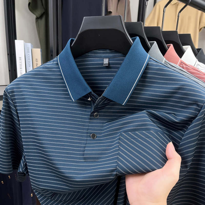 中老年爸爸装冰丝翻领polo衫男2026夏季新款条纹弹力透气男士T恤