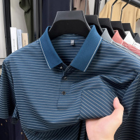 中老年爸爸装冰丝翻领polo衫男2026夏季新款条纹弹力透气男士T恤