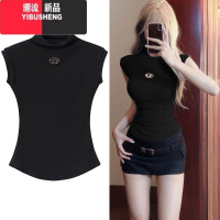 YIBUSHENG美式复古半高领正肩无袖T恤女季纯欲风收腰显瘦辣妹短款上衣