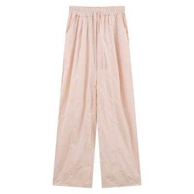 YIBUSHENG蝴蝶结刺绣粉色休闲裤子女季薄款慵懒松弛感山本裤直筒阔腿长裤