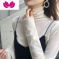七斓修身高领内搭长袖蕾丝打底衫女夏薄款仙网纱上衣白色木耳边T恤