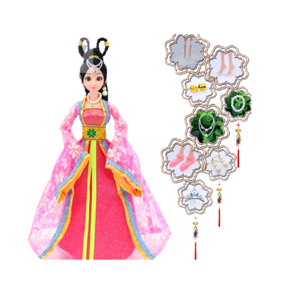 中国古装芭芘比换装娃娃套装大礼盒民族古代仙女公主衣服饰裙子包冰公主12关节娃娃+8大礼品玫红色（雪花）