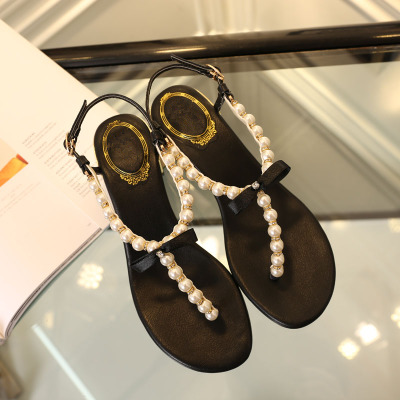 林先森2021年新款人字拖珍珠水钻夹趾中跟粗跟波西米亚夹脚凉鞋女仙女风凉鞋