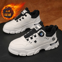 冬季新款加绒免系带旋转纽扣厚底棉鞋皮面厚底增高户外保暖男鞋