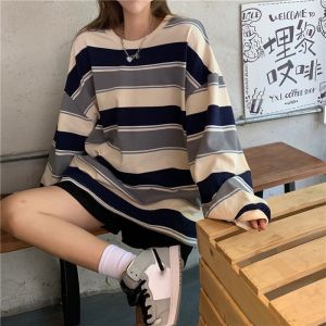 秋季新款韩版宽松条纹长袖T恤女ins网红学生百搭薄款上衣服潮