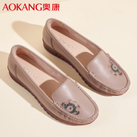 奥康女鞋春秋季休闲浅口皮鞋舒适中老年妈妈鞋牛皮透气单鞋豆豆鞋女