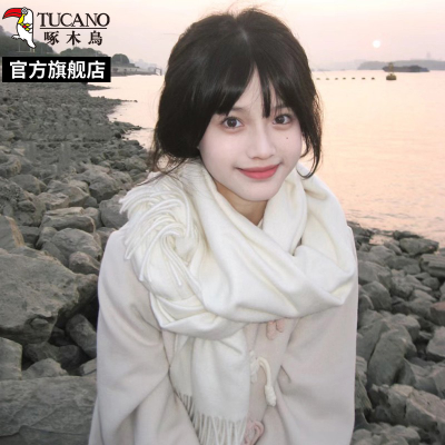 啄木鸟2025新款氛围感纯色白色围巾女冬韩版时尚百搭保暖围脖学生
