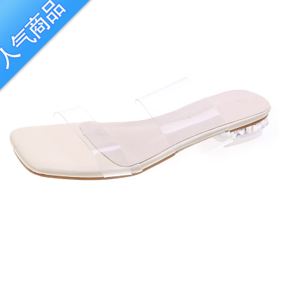SUNTEK网红一字带凉鞋女2023年新款夏季中粗跟透明平底水晶跟凉拖鞋外穿