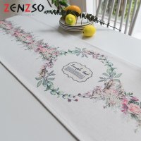 家柏饰(CORATED)北欧S风棉麻布艺茶几电视柜客厅餐桌布盖巾床尾旗桌旗 花簇牡丹桌旗 35*220cm